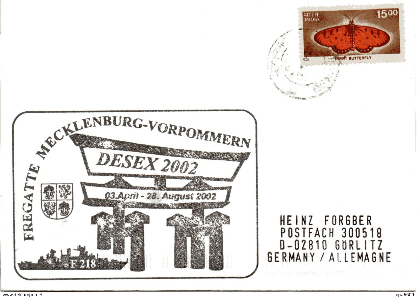 (Freg3)BRD Cachetumschl. FREGATTE"MECKLENBURG VORPOMMERN F218"-Ostasienreise DESEX 2002 EF Indien TSt 2002 Indien - Bateaux