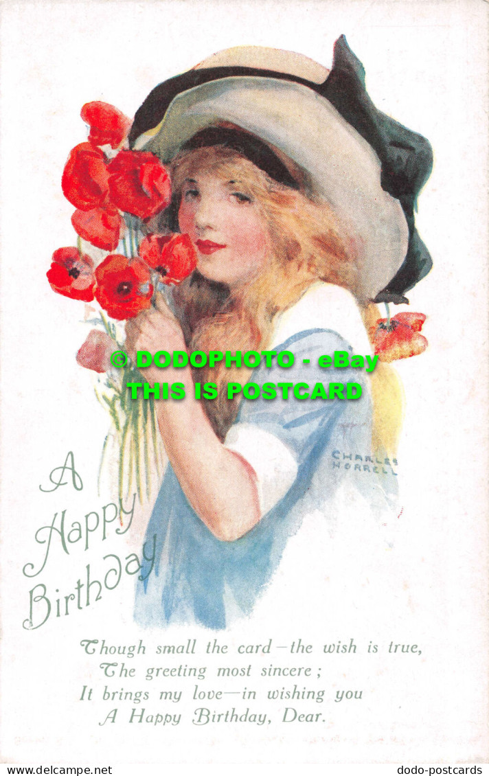 R549729 A Happy Birthday. Girl With Hat And Blue Clothes In Hands Red Flowers. J - World