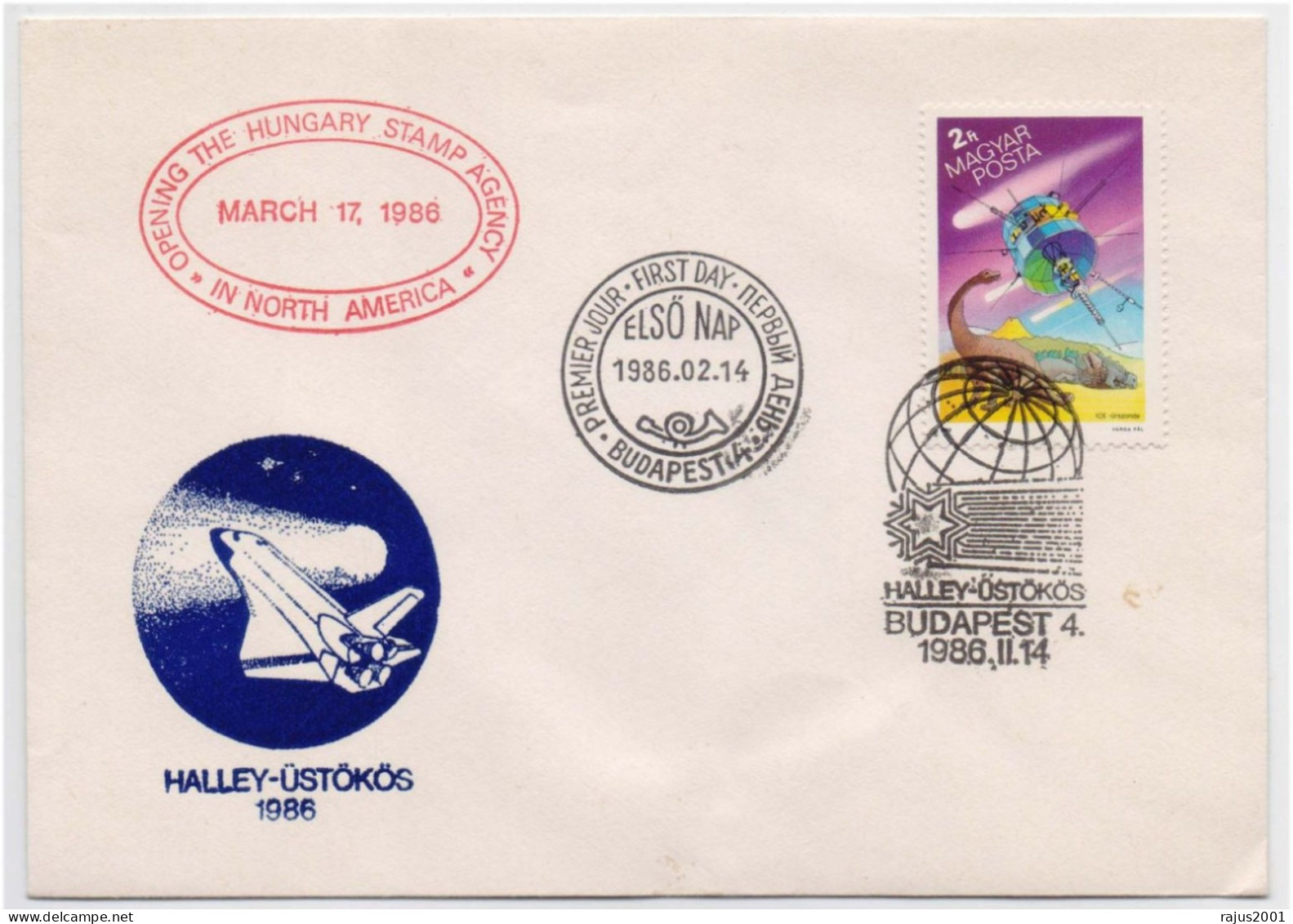 Edmond Halley, Halley's Comet, Astronomy, Satellite, Dinosaur, Space Shuttle, Animal, Hungary FDC 1986 - Astronomy