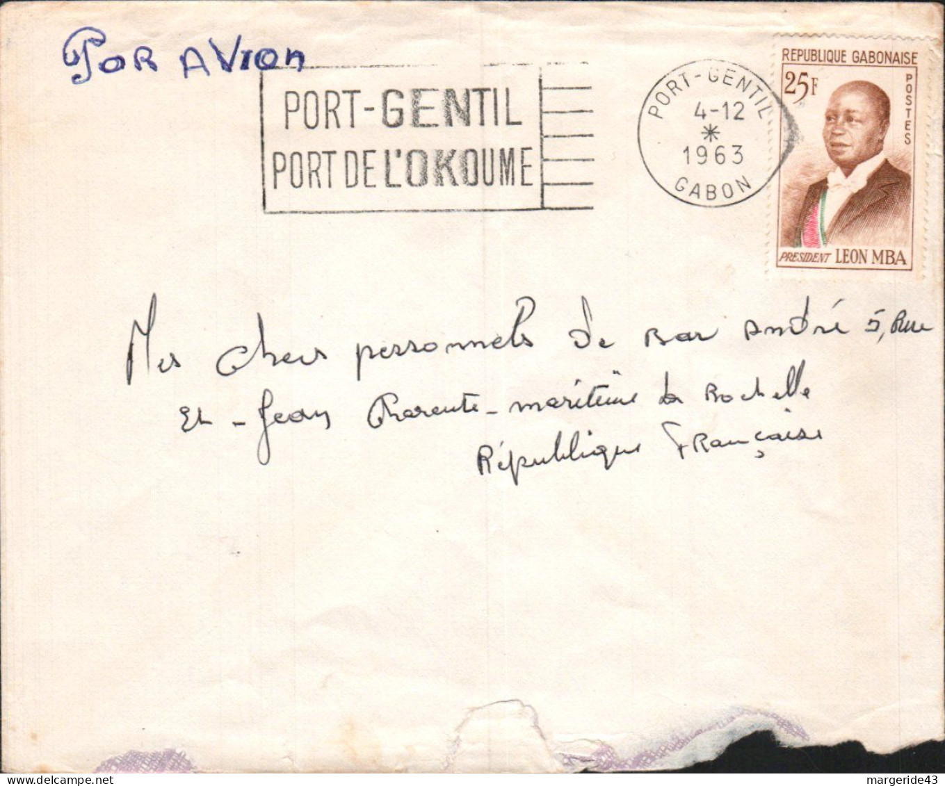 GABON SUR  LETTTRE POUR LA FRANCE 1963 - Gabon (1960-...)