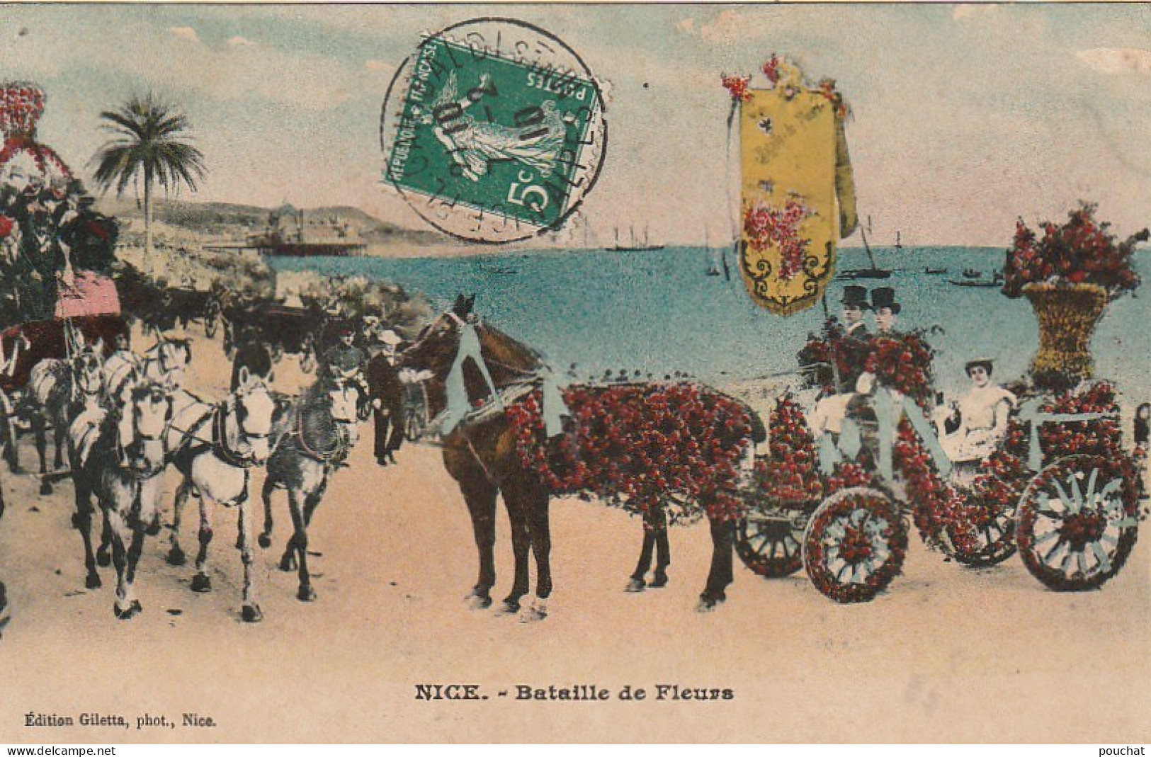 OP 9-(06) NICE - BATAILLE DE FLEURS - ATTELAGES - CALECHE ET CHEVAUX FLEURIS - CARTE COLORISEE - 2 SCANS - Karneval