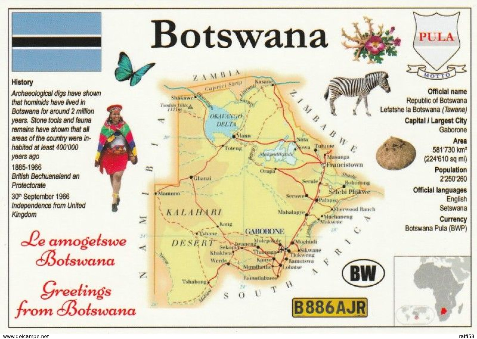 1 Map Of Botswana * 1 Ansichtskarte Mit Der Landkarte Von Botswana, Informationen Und Der Flagge Des Landes * - Carte Geografiche