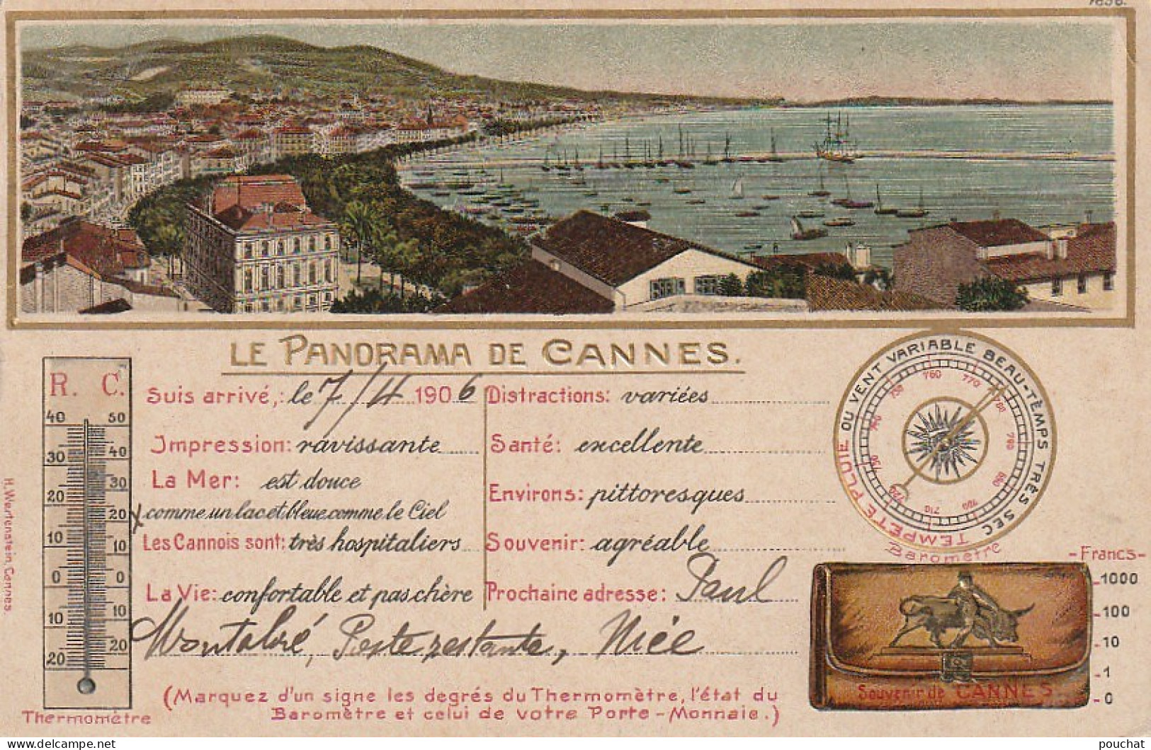 OP 11 -(06) LE PANORAMA DE CANNES - CARTE FANTAISIE COULEURS GAUFREE - BAROMETRE , THERMOMETRE - 2 SCANS - Cannes