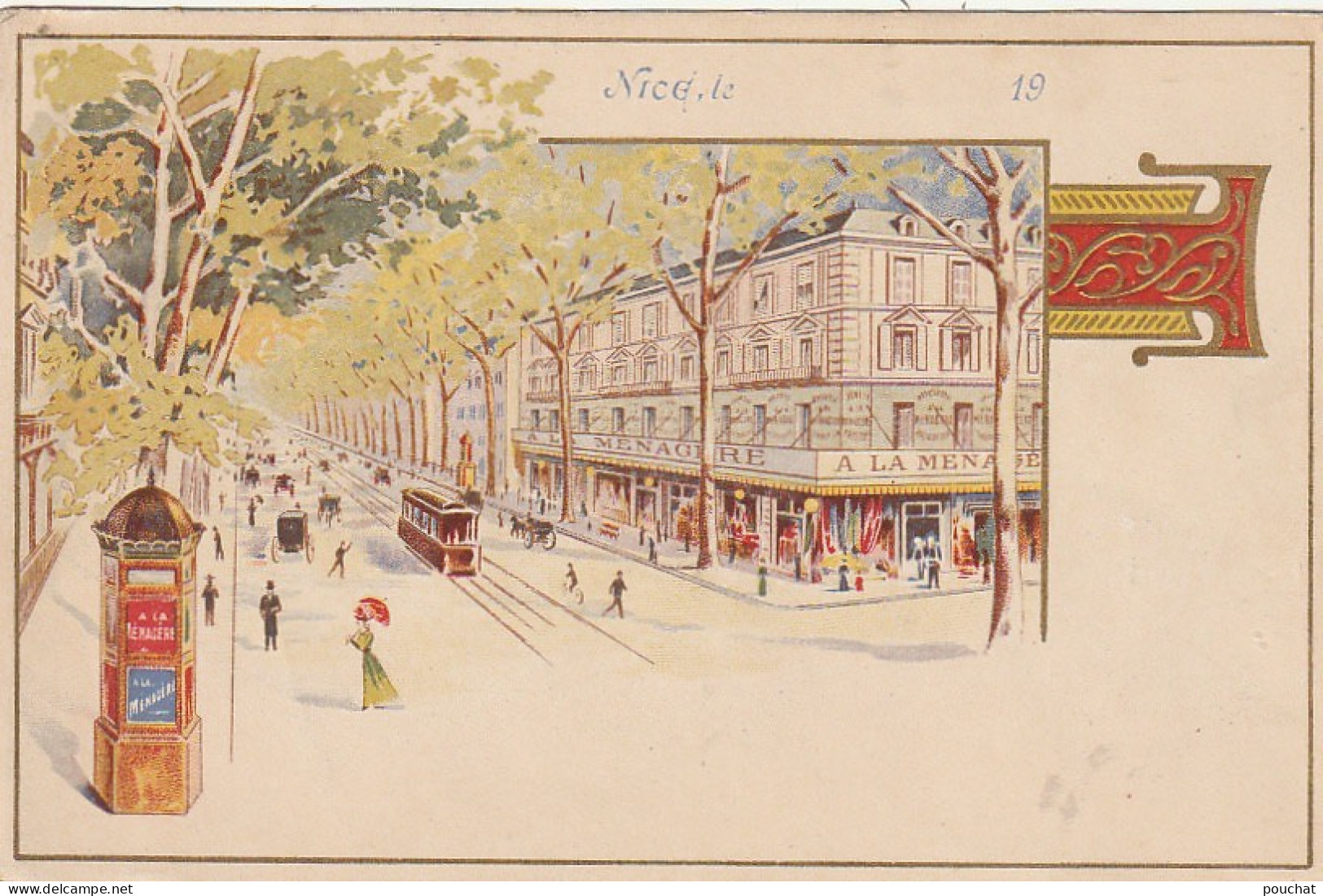 OP 11 -(06) NICE - CARTE ILLUSTREE COULEURS - MAGASIN " A LA MENAGERE " , AVENUE DE LA GARE - COLONNE  MORRIS - 2 SCANS - Sonstige & Ohne Zuordnung