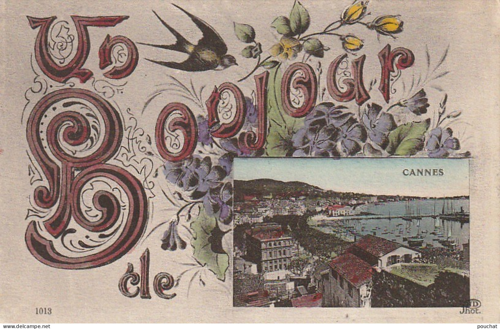 OP 11 -(06) UN BONJOUR DE CANNES - CARTE  FANTAISIE COLORISEE - FLEURS , HIRONDELLES - 2 SCANS - Cannes