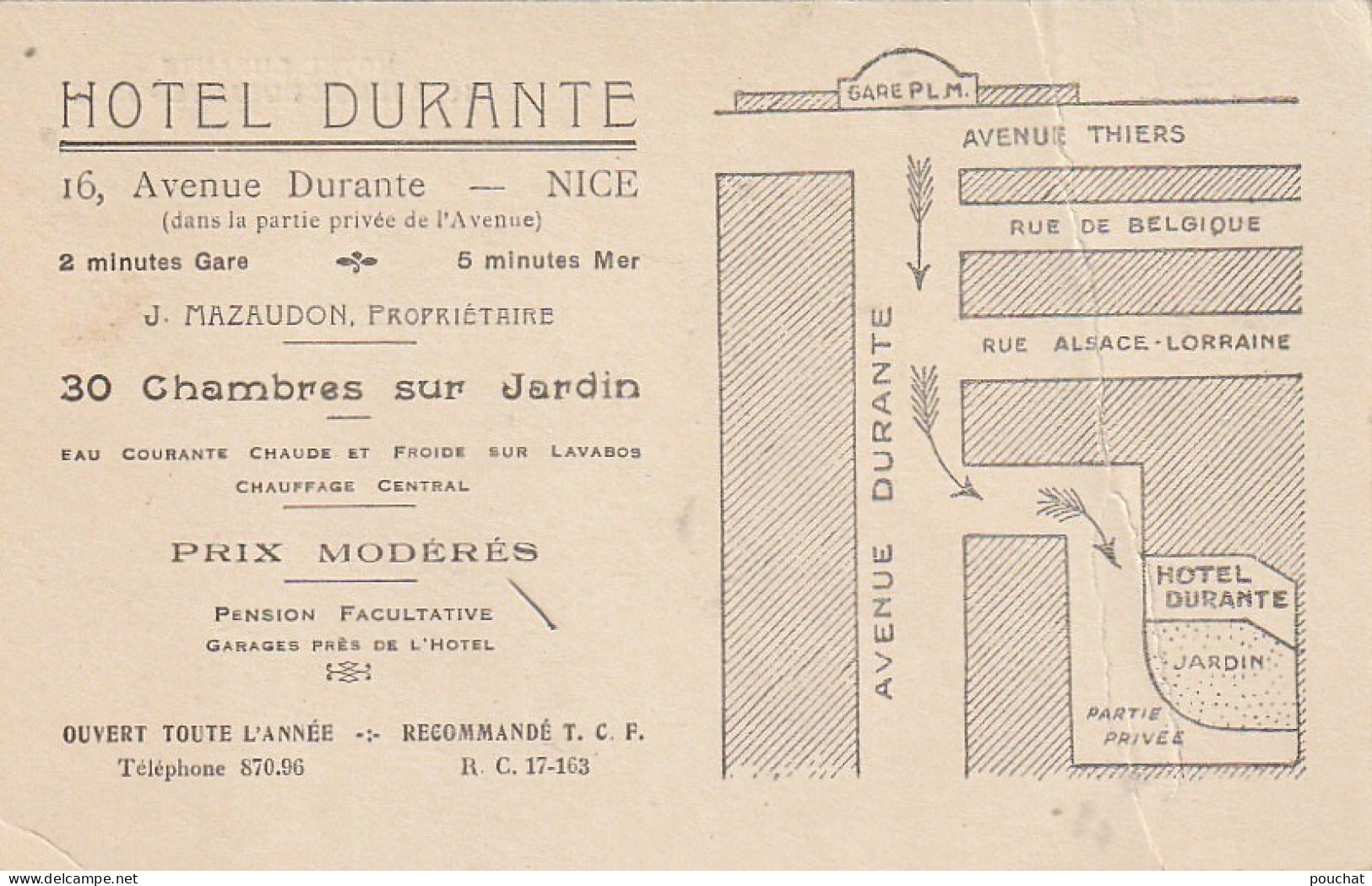 OP 11 -(06) HOTEL DURANTE , AVENUE DURANTE , NICE - CARTE PUBLICITAIRE COLORISEE - PLAN - 2 SCANS - Pubs, Hotels And Restaurants