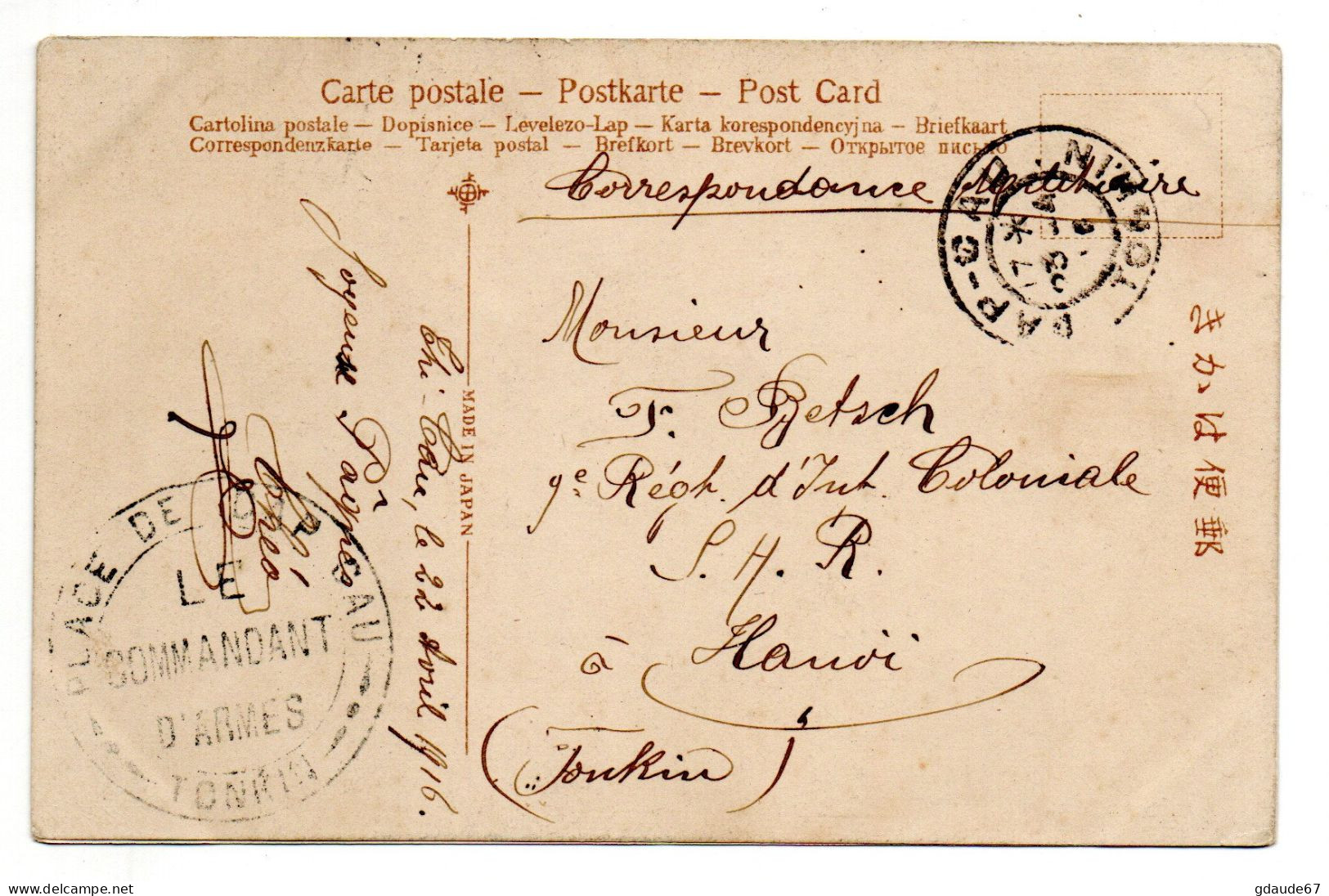 INDOCHINE - 1916 - CP FM Avec CACHET "PLACE DE DAP CAU / TONKIN" (ETAT) - Lettres & Documents