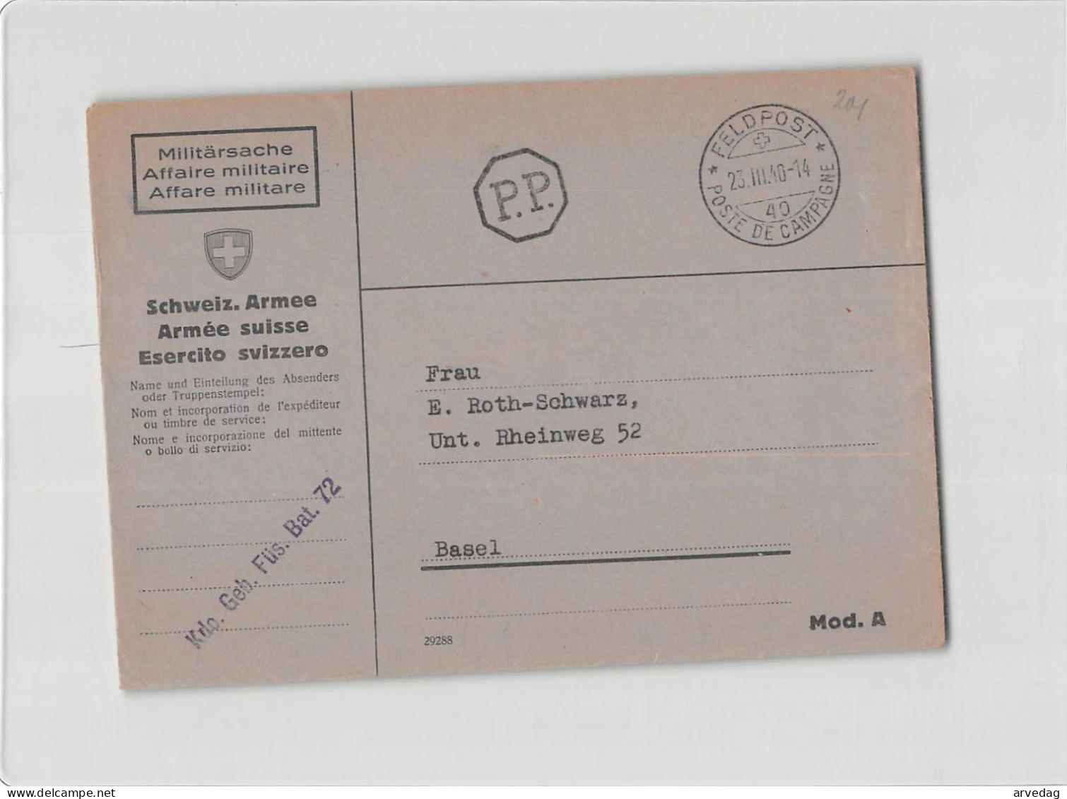 AG2665 HELVETIA FELDPOST ESERCITO SVIZZERO KDO. GEB. FUS. BAT. 72 P.P. TO BASEL - Postmarks