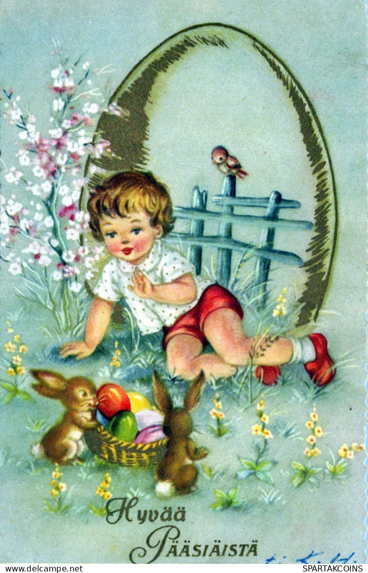 PASQUA BAMBINO CONIGLIO UOVO Vintage Cartolina CPA #PKE333.A - Ostern