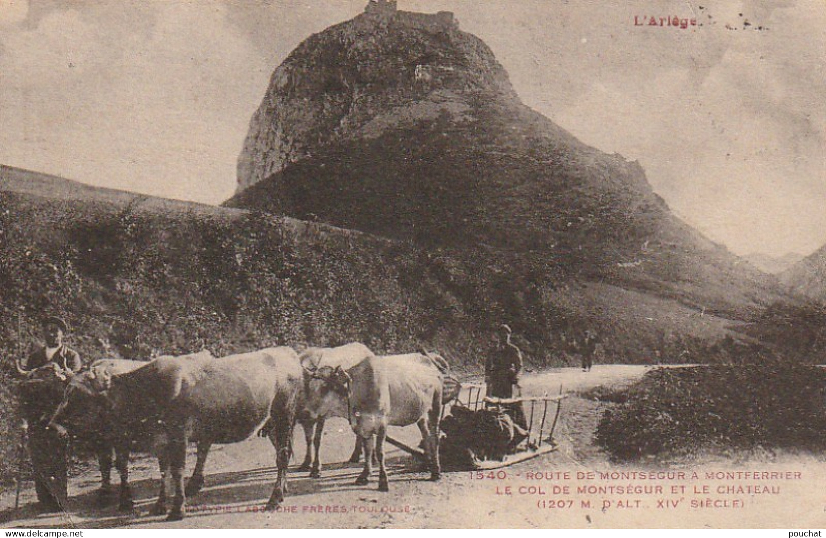 OP 14-(09) ROUTE DE MONTSEGUR A MONTFERRIER - LE COL DE MONTSEGUR ET LE CHATEAU - ATTELAGE DE BOEUFS- 2 SCANS - Autres & Non Classés