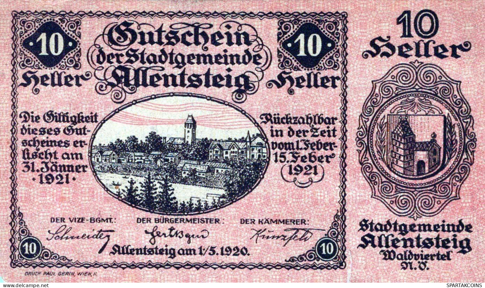 10 HELLER 1921 Stadt ALLENTSTEIG Niedrigeren Österreich Notgeld #PE137 - Lokale Ausgaben