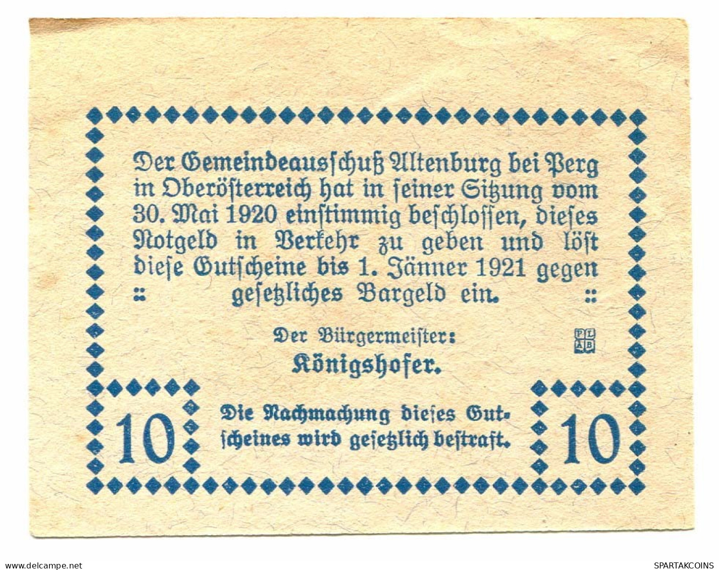 10 Heller 1921 PERG Österreich UNC Notgeld Papiergeld Banknote #P10252 - Lokale Ausgaben