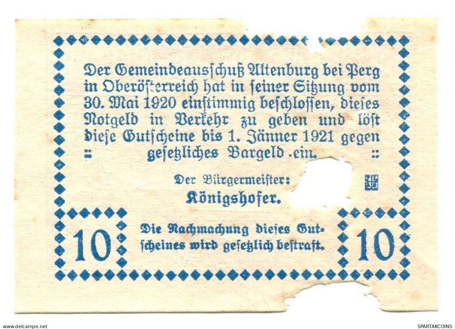 10 Heller 1921 PERG Österreich UNC Notgeld Papiergeld Banknote #P10255 - Lokale Ausgaben