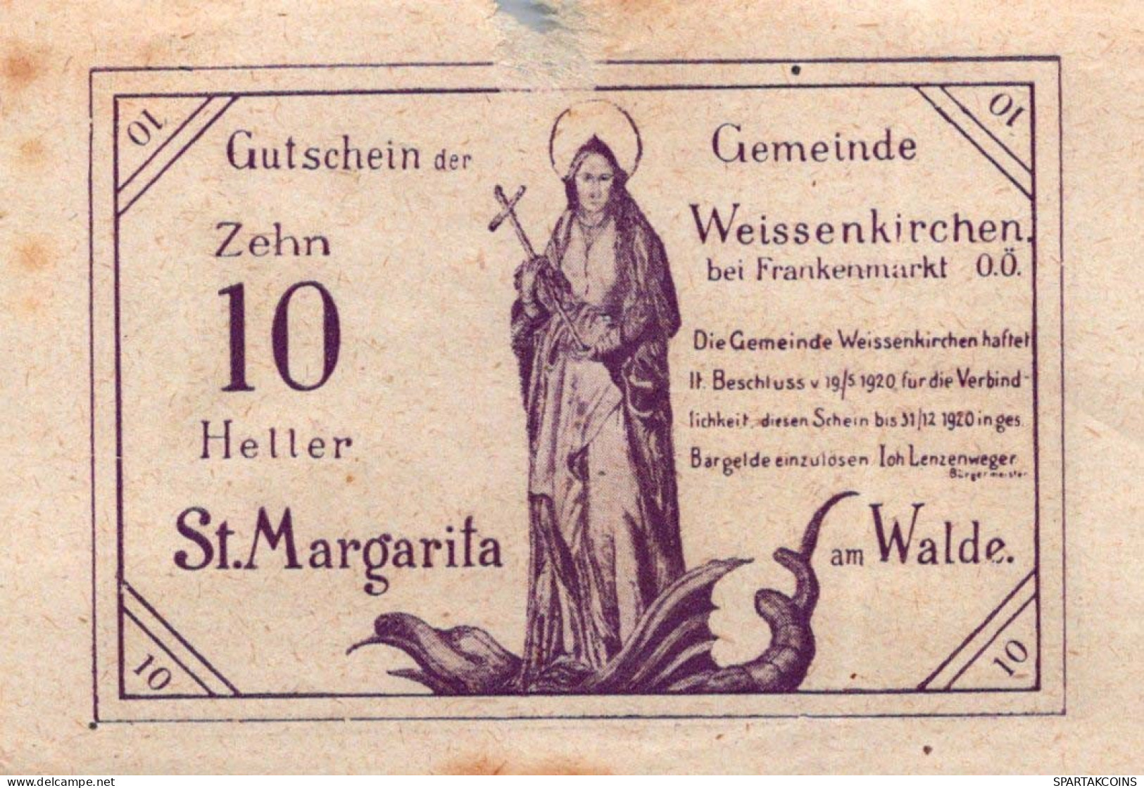 10 HELLER 1920 WEISSENKIRCHEN BEI FRANKENMARKT Oberösterreich Österreich #PI393 - Lokale Ausgaben