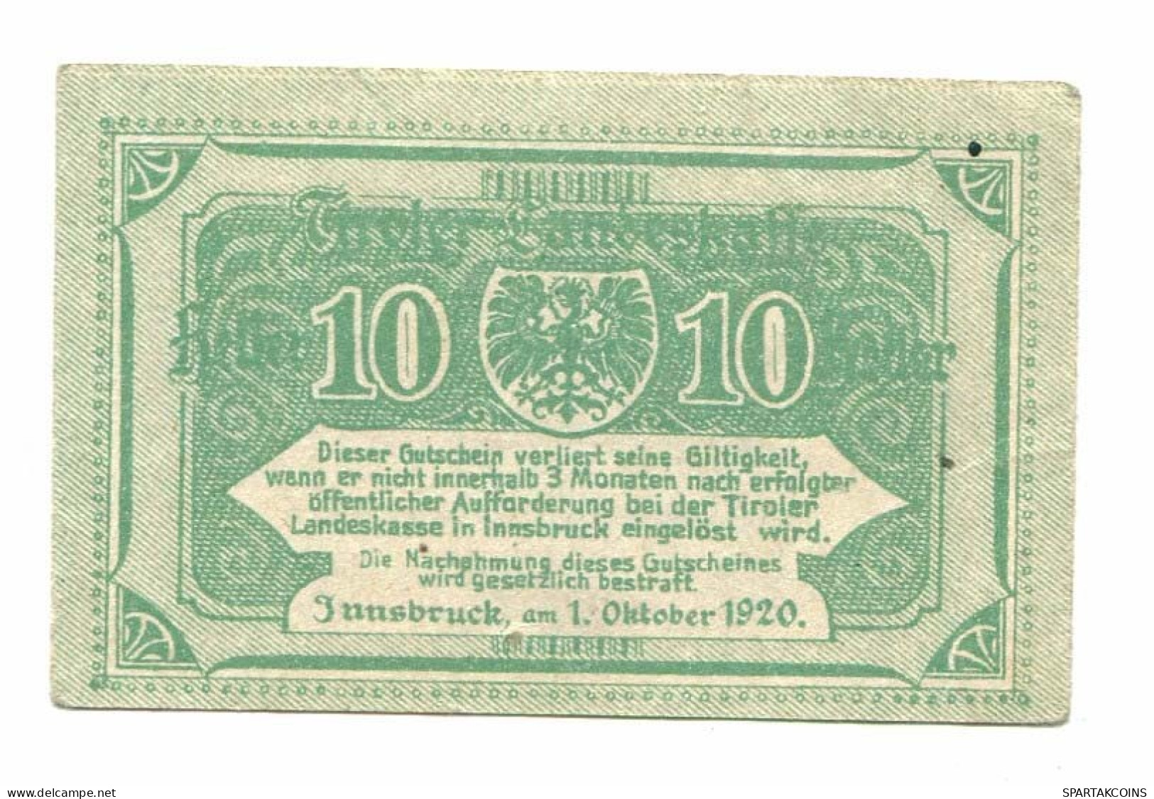 10 Heller 1920 TIROLER LANDESKASSE TIRROL Österreich UNC Notgeld Papiergeld Banknote #P10772 - Lokale Ausgaben