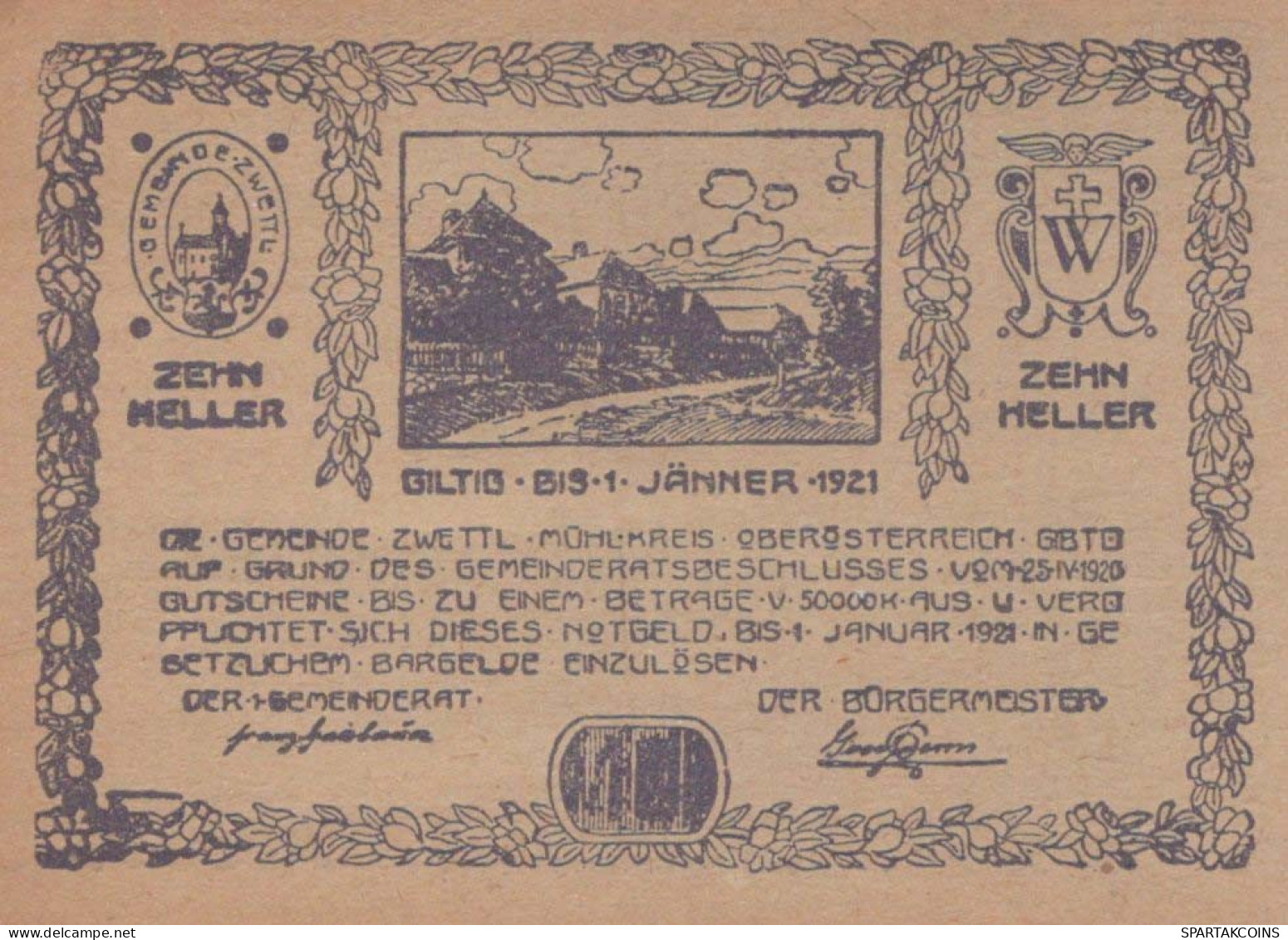 10 HELLER 1920 Stadt ZWETTL IM MÜHLKREIS Oberösterreich Österreich Notgeld Papiergeld Banknote #PG759 - Lokale Ausgaben