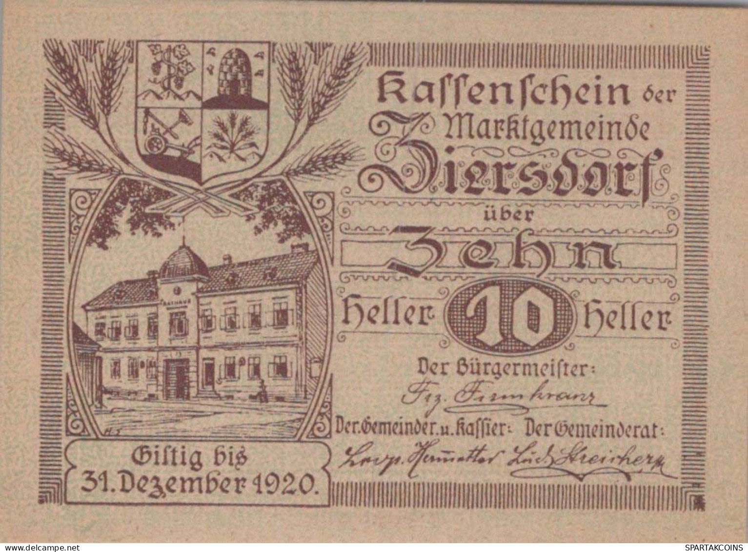 10 HELLER 1920 Stadt ZIERSDORF Niedrigeren Österreich UNC Österreich Notgeld #PH465 - Lokale Ausgaben