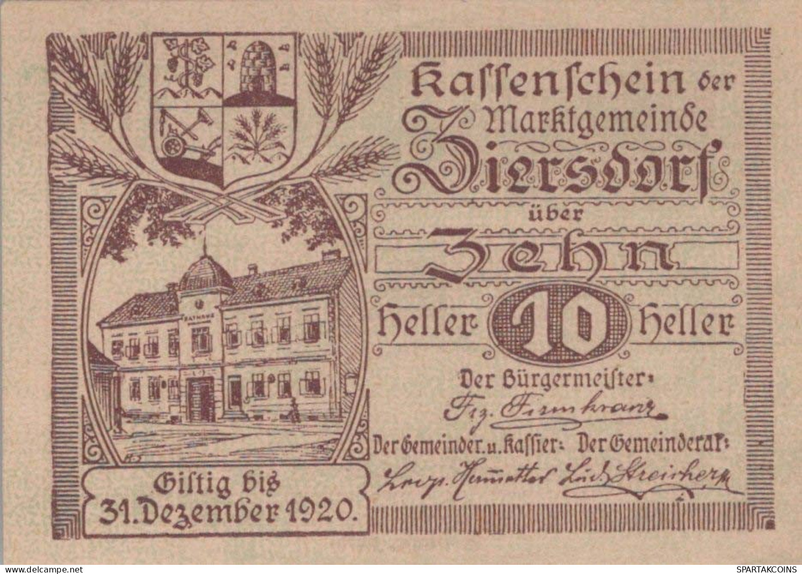 10 HELLER 1920 Stadt ZIERSDORF Niedrigeren Österreich Notgeld Papiergeld Banknote #PG756 - Lokale Ausgaben