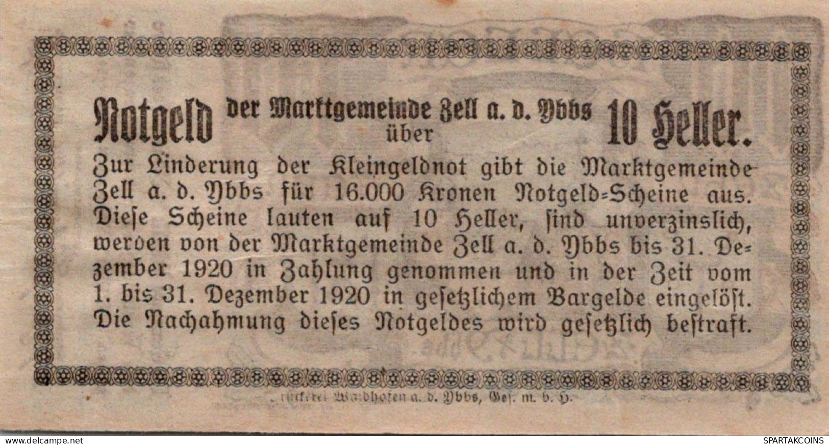 10 HELLER 1920 Stadt ZELL AN DER YBBS Niedrigeren Österreich UNC Österreich #PH062 - Lokale Ausgaben