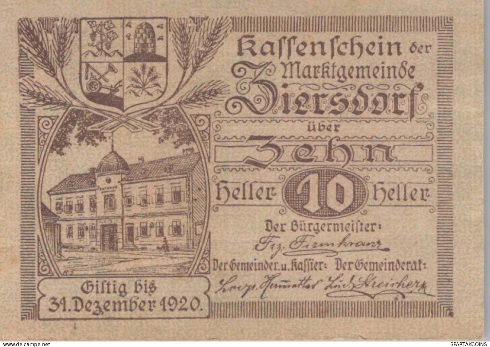10 HELLER 1920 Stadt ZIERSDORF Niedrigeren Österreich Notgeld Banknote #PE130 - Lokale Ausgaben