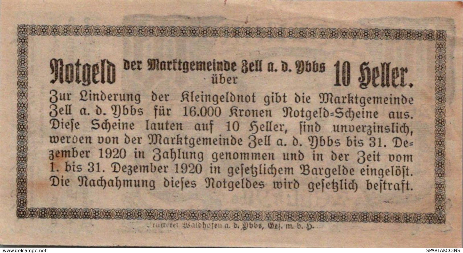 10 HELLER 1920 Stadt ZELL AN DER YBBS Niedrigeren Österreich Notgeld #PJ224 - Lokale Ausgaben
