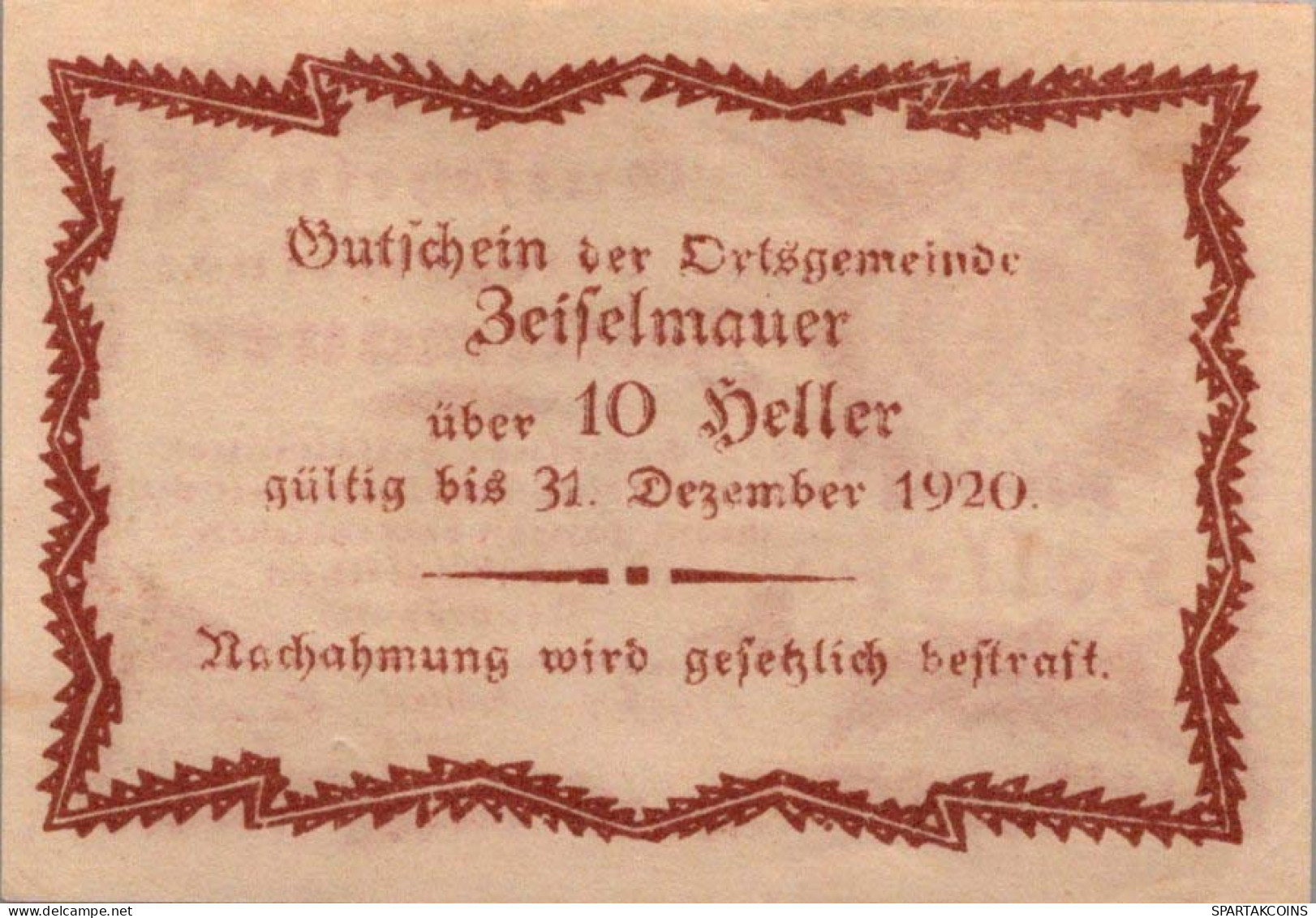 10 HELLER 1920 Stadt ZEISELMAUER Niedrigeren Österreich Notgeld #PE122 - Lokale Ausgaben