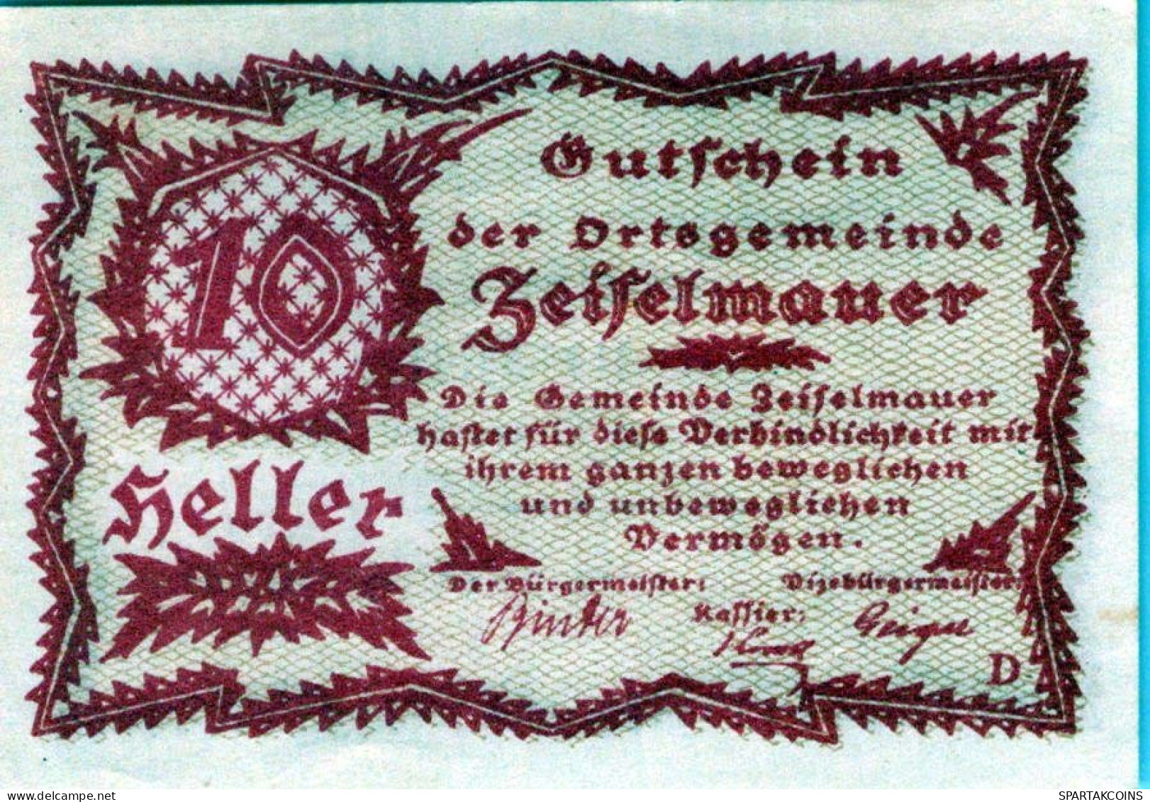 10 HELLER 1920 Stadt ZEISELMAUER Niedrigeren Österreich Notgeld #PE122 - Lokale Ausgaben