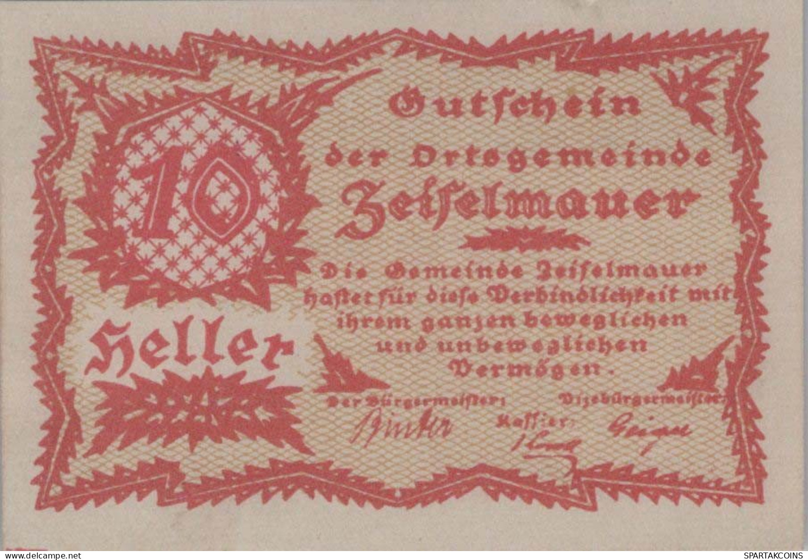 10 HELLER 1920 Stadt ZEISELMAUER Niedrigeren Österreich Notgeld Papiergeld Banknote #PG753 - Lokale Ausgaben