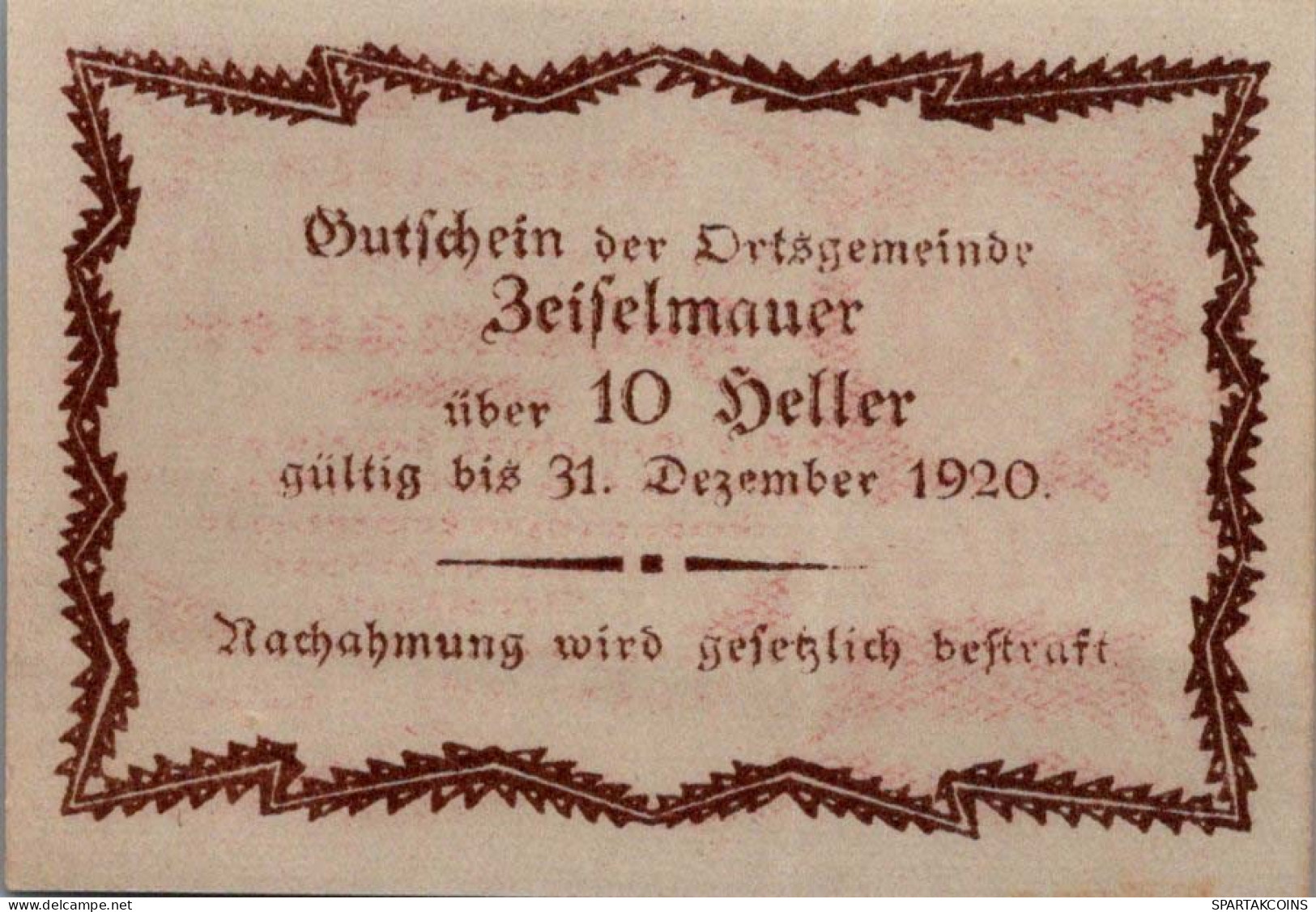 10 HELLER 1920 Stadt ZEISELMAUER Niedrigeren Österreich Notgeld Papiergeld Banknote #PG753 - Lokale Ausgaben