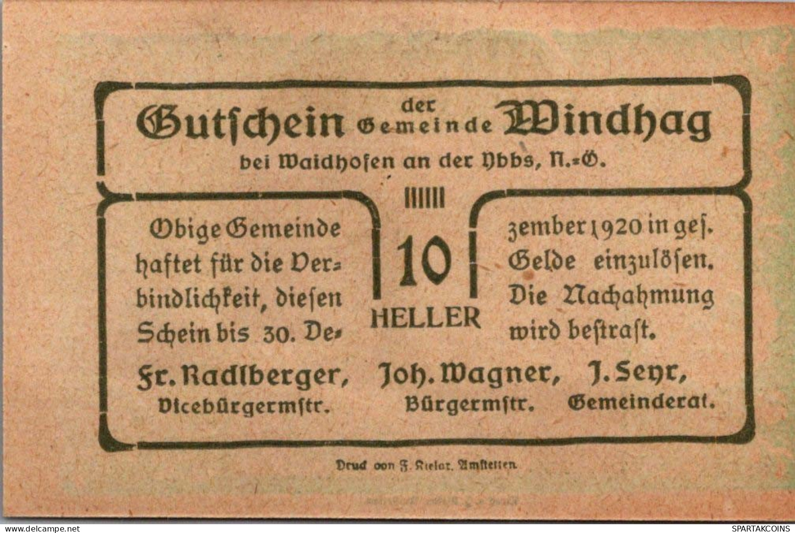 10 HELLER 1920 Stadt WINDHAG Niedrigeren Österreich Notgeld Papiergeld Banknote #PG748 - Lokale Ausgaben