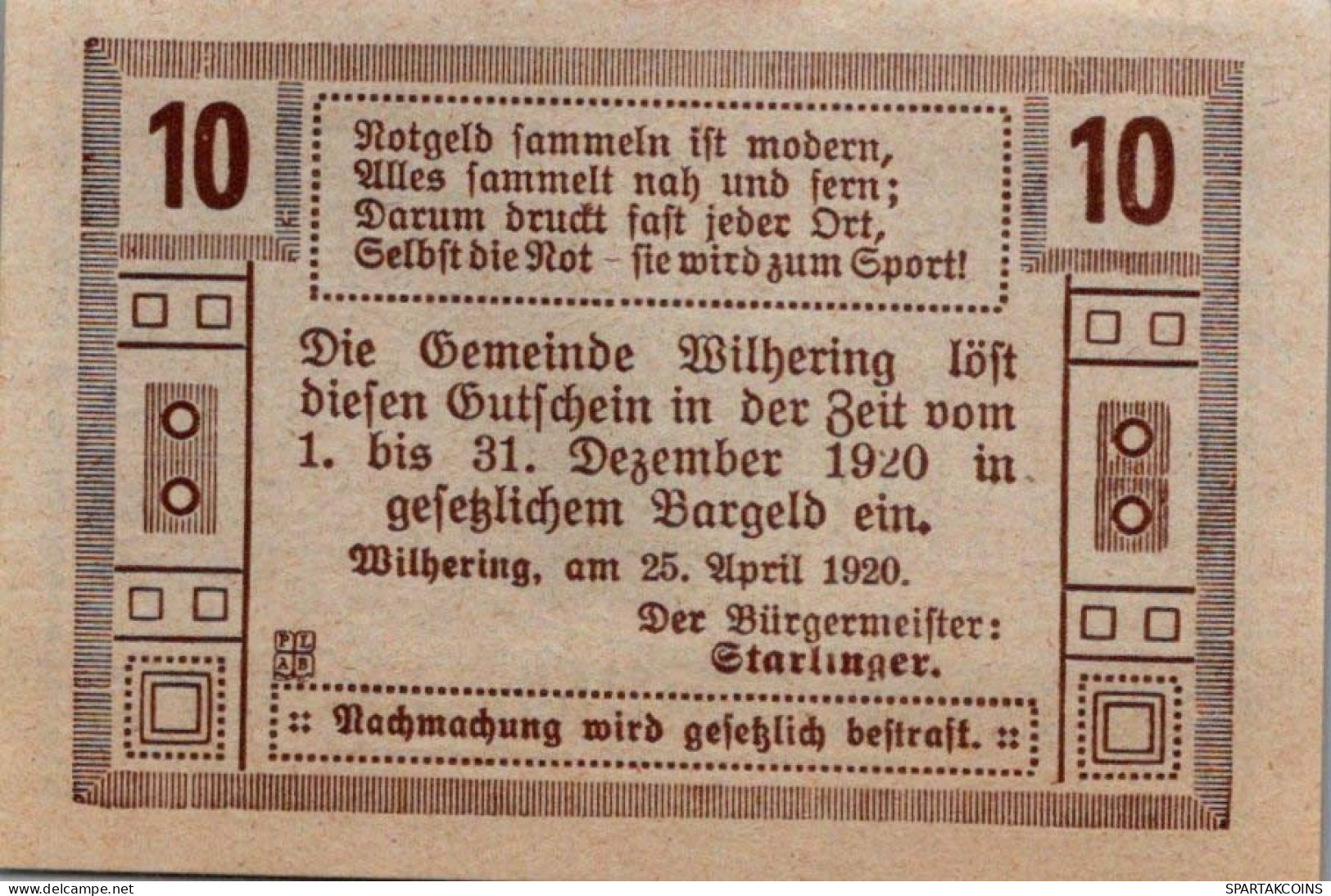 10 HELLER 1920 Stadt WILHERING Oberösterreich Österreich Notgeld Banknote #PE023 - Lokale Ausgaben