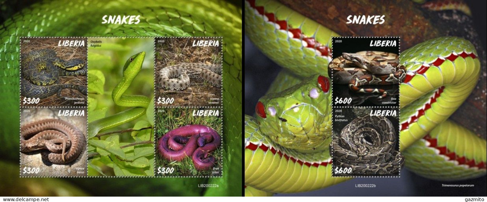 Liberia 2020, Animals, Snakes, 4val In BF+BF - Serpents