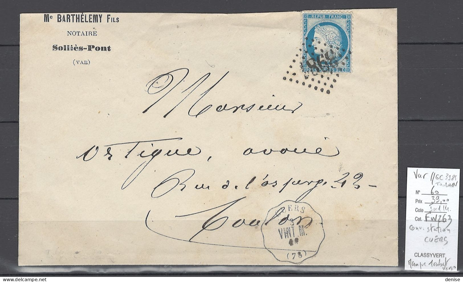 France - Lettre Convoyeur Station - CUERS - Var + GC 3981 De Toulon - Correo Ferroviario