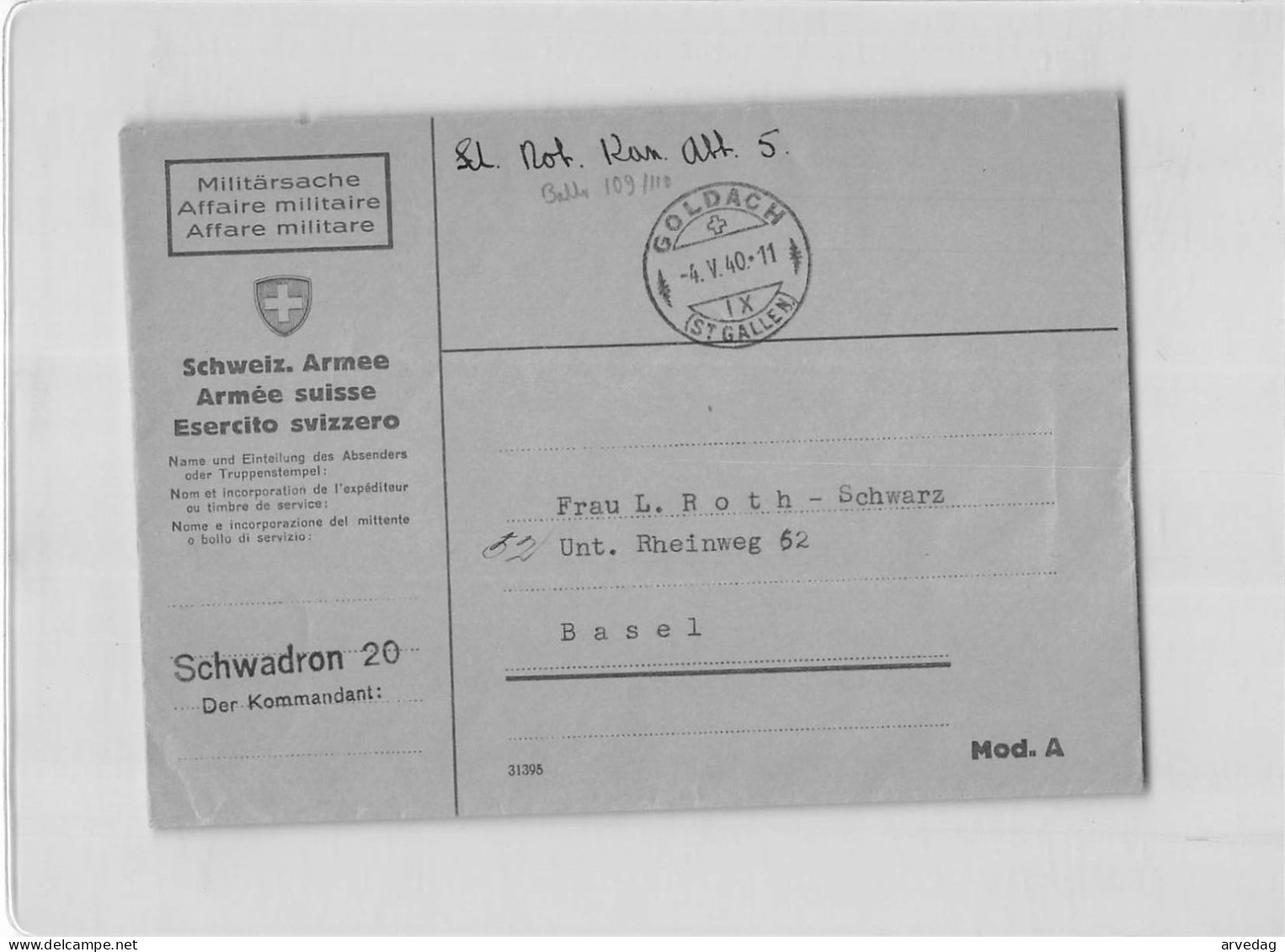 AG2668 HELVETIA ESERCITO SVIZZARO SCHWEADRON 20 - GOLDACH TO BASEL - Poststempel