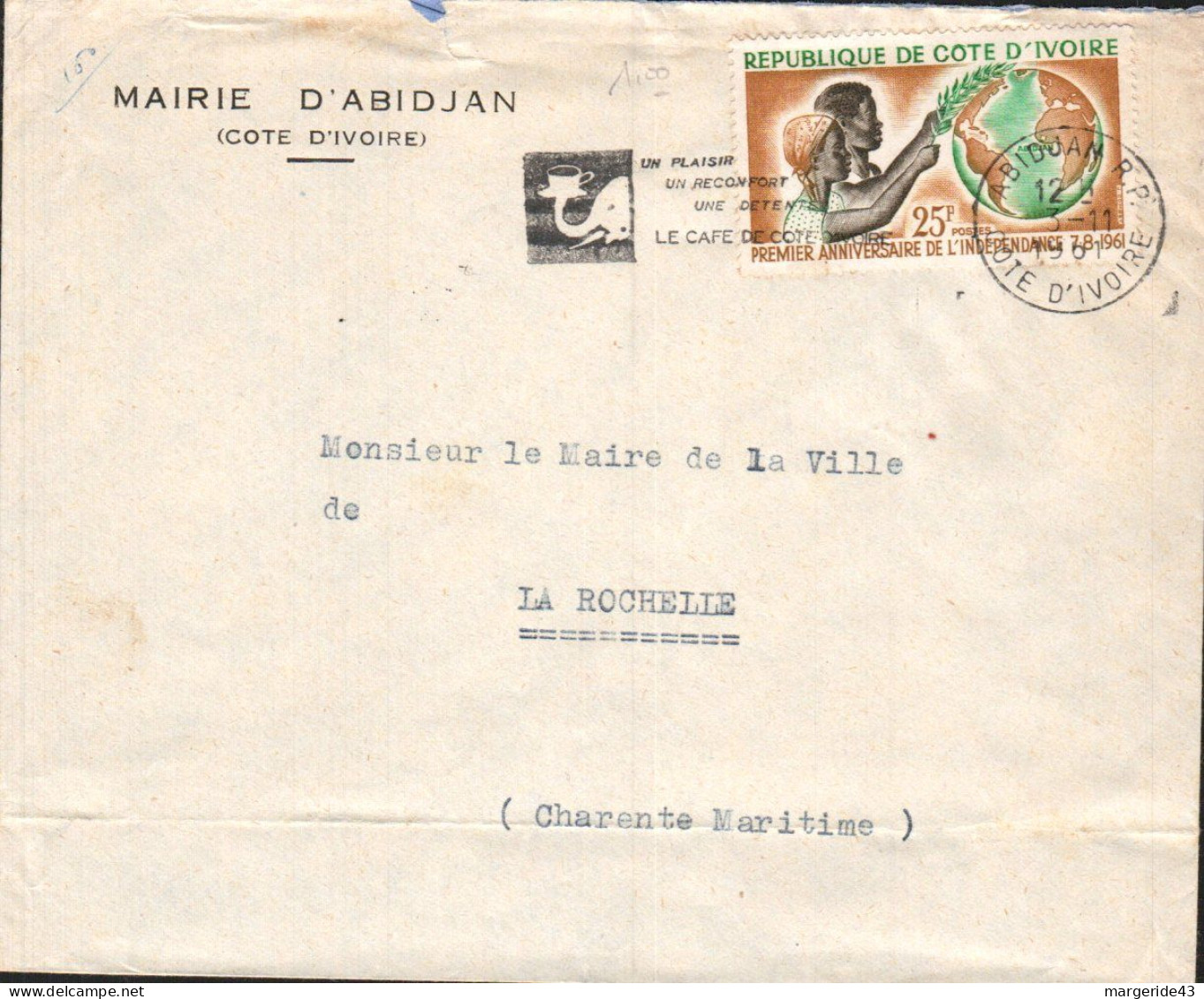 COTE D'IVOIRE SEUL SUR LETTRE POUR LA FRANCE 1961 - Ivory Coast (1960-...)