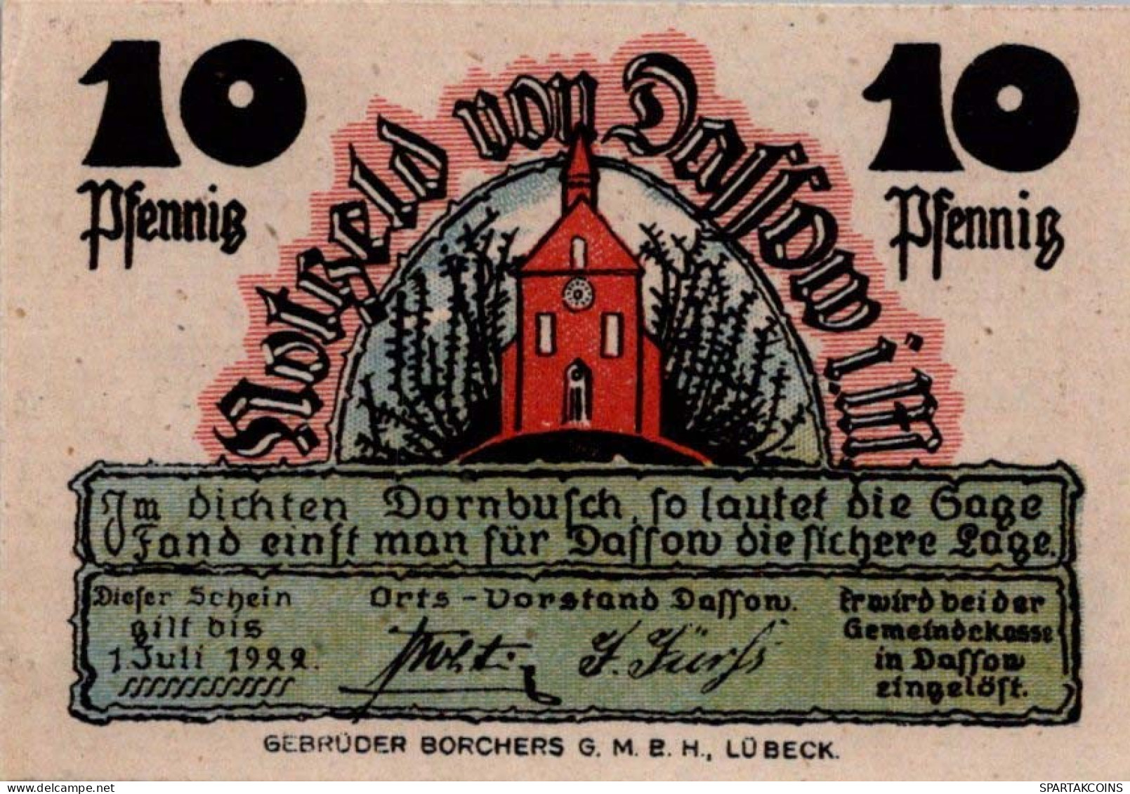 10 PFENNIG 1922 Stadt DASSOW Mecklenburg-Schwerin UNC DEUTSCHLAND Notgeld #PA430 - Lokale Ausgaben