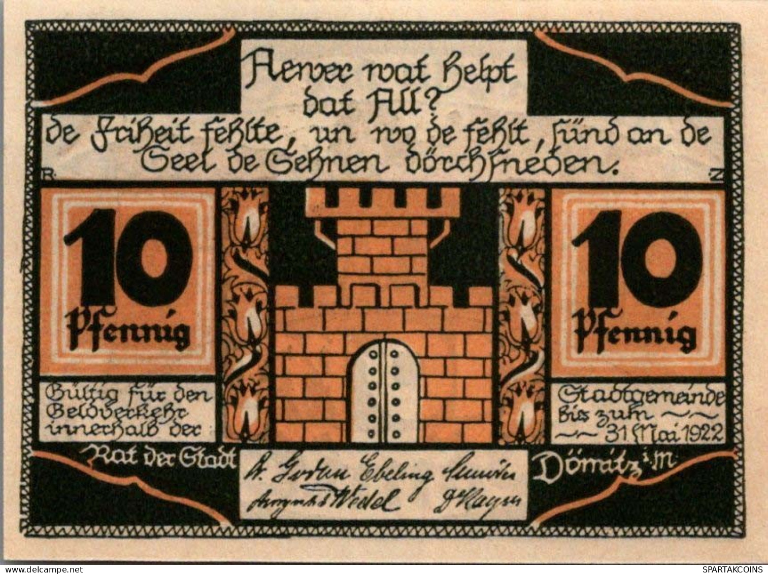 10 PFENNIG 1922 Stadt DoMITZ Mecklenburg-Schwerin UNC DEUTSCHLAND Notgeld #PI542 - Lokale Ausgaben