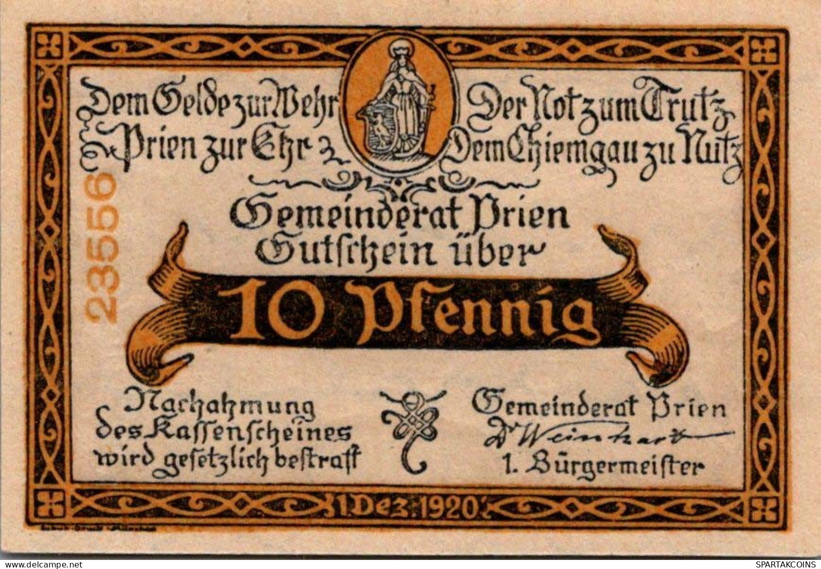 10 PFENNIG 1920 Stadt PRIEN Bavaria UNC DEUTSCHLAND Notgeld Banknote #PB728 - [11] Local Banknote Issues