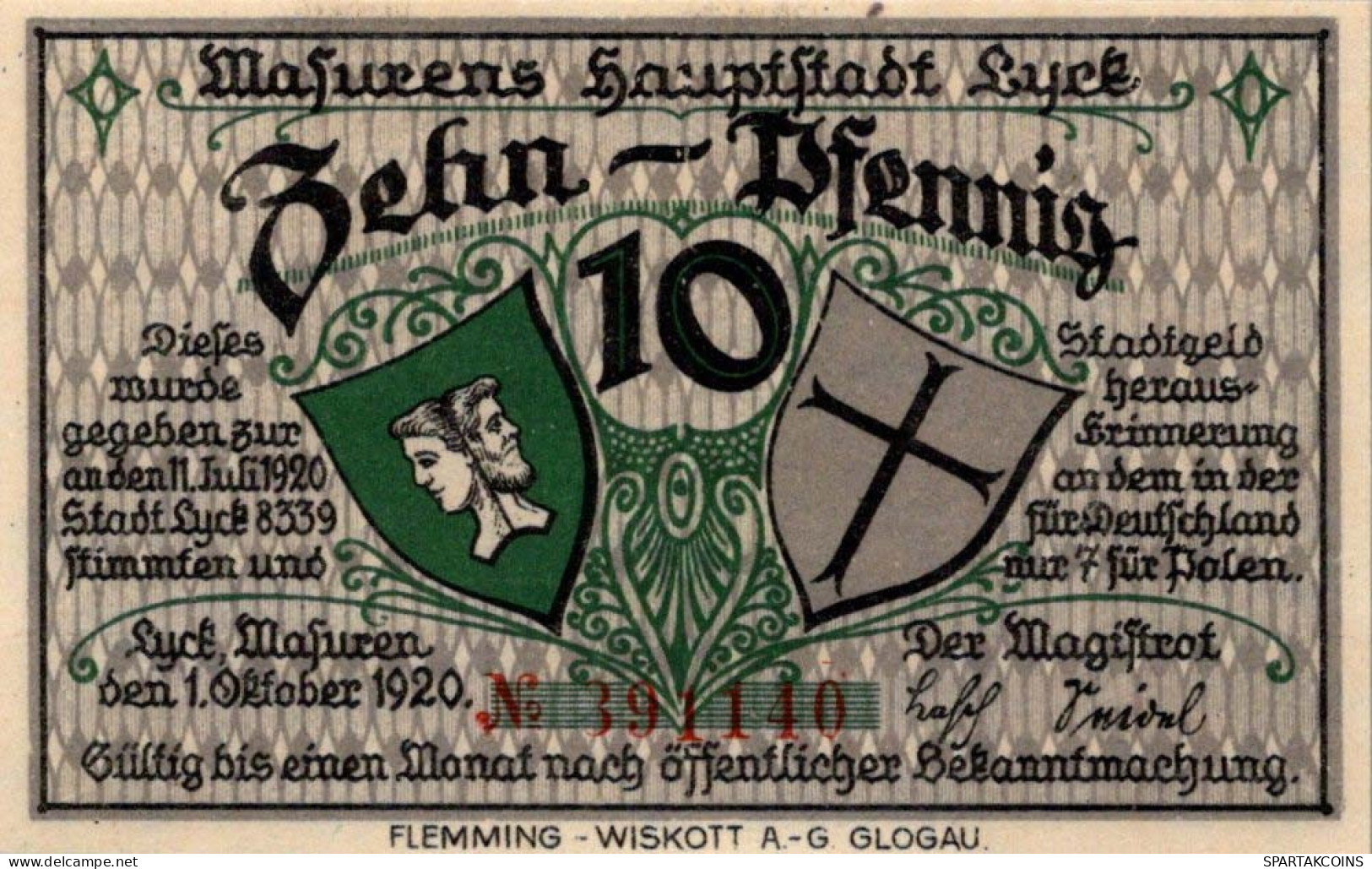 10 PFENNIG 1920 Stadt LYCK East PRUSSLAND DEUTSCHLAND Notgeld Banknote #PF500 - [11] Local Banknote Issues