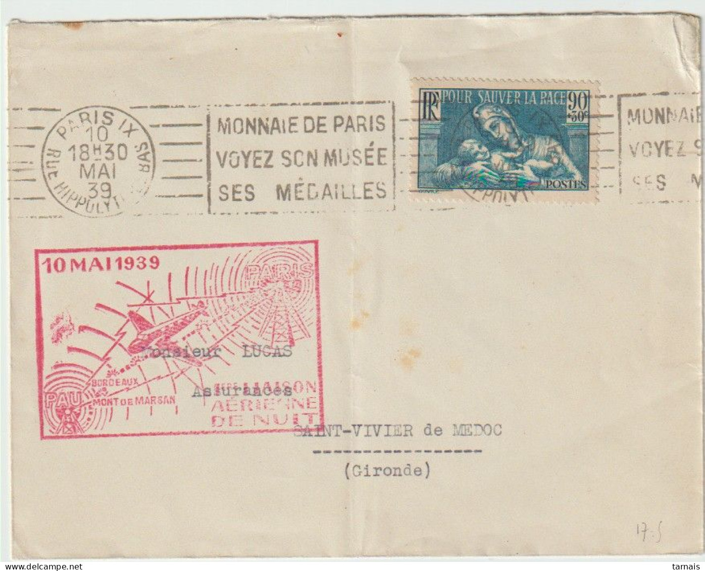 1929 N°419 Oblitéré 10 Mai 1939 Et Cachet 1° Liaison Aérienne De Nuit  Paris Pau (lot 129) - Used Stamps