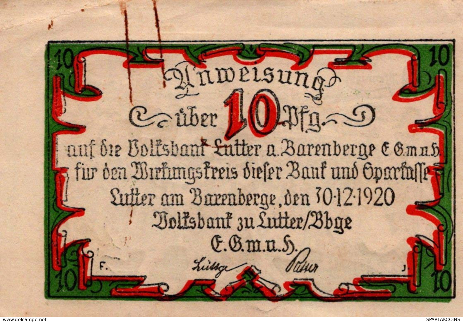 10 PFENNIG 1920 Stadt LUTTER AM BARENBERGE Brunswick UNC DEUTSCHLAND #PC310 - [11] Local Banknote Issues
