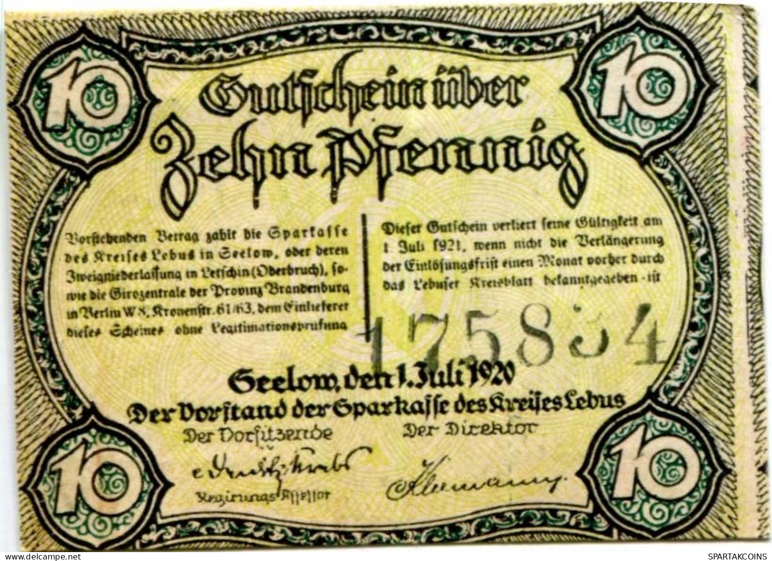 10 PFENNIG 1920 Stadt LEBUS Brandenburg DEUTSCHLAND Notgeld Papiergeld Banknote #PL609 - [11] Local Banknote Issues