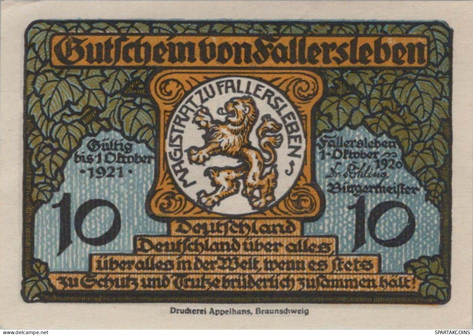 10 PFENNIG 1920 Stadt FALLERSLEBEN Hanover DEUTSCHLAND Notgeld Banknote #PD438 - [11] Local Banknote Issues