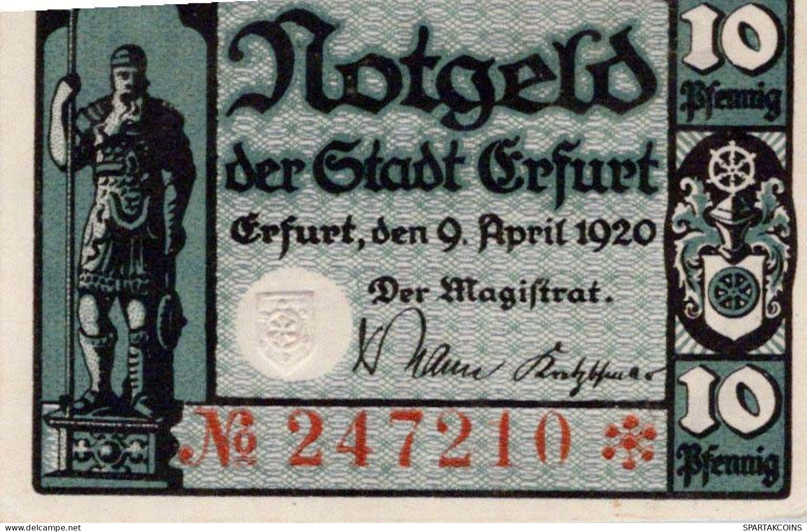 10 PFENNIG 1920 Stadt ERFURT Saxony UNC DEUTSCHLAND Notgeld Banknote #PB271 - [11] Local Banknote Issues