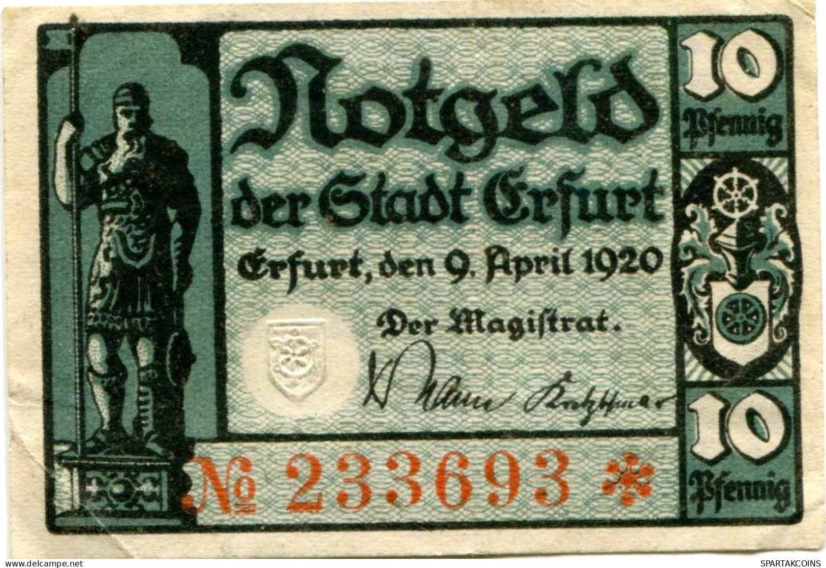10 PFENNIG 1920 Stadt ERFURT Saxony DEUTSCHLAND Notgeld Papiergeld Banknote #PL658 - [11] Local Banknote Issues