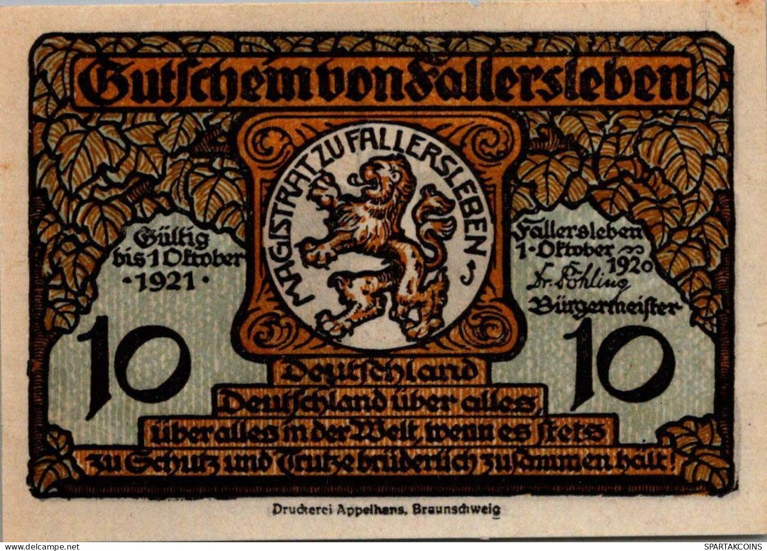 10 PFENNIG 1920 Stadt FALLERSLEBEN Hanover UNC DEUTSCHLAND Notgeld #PA566 - [11] Local Banknote Issues