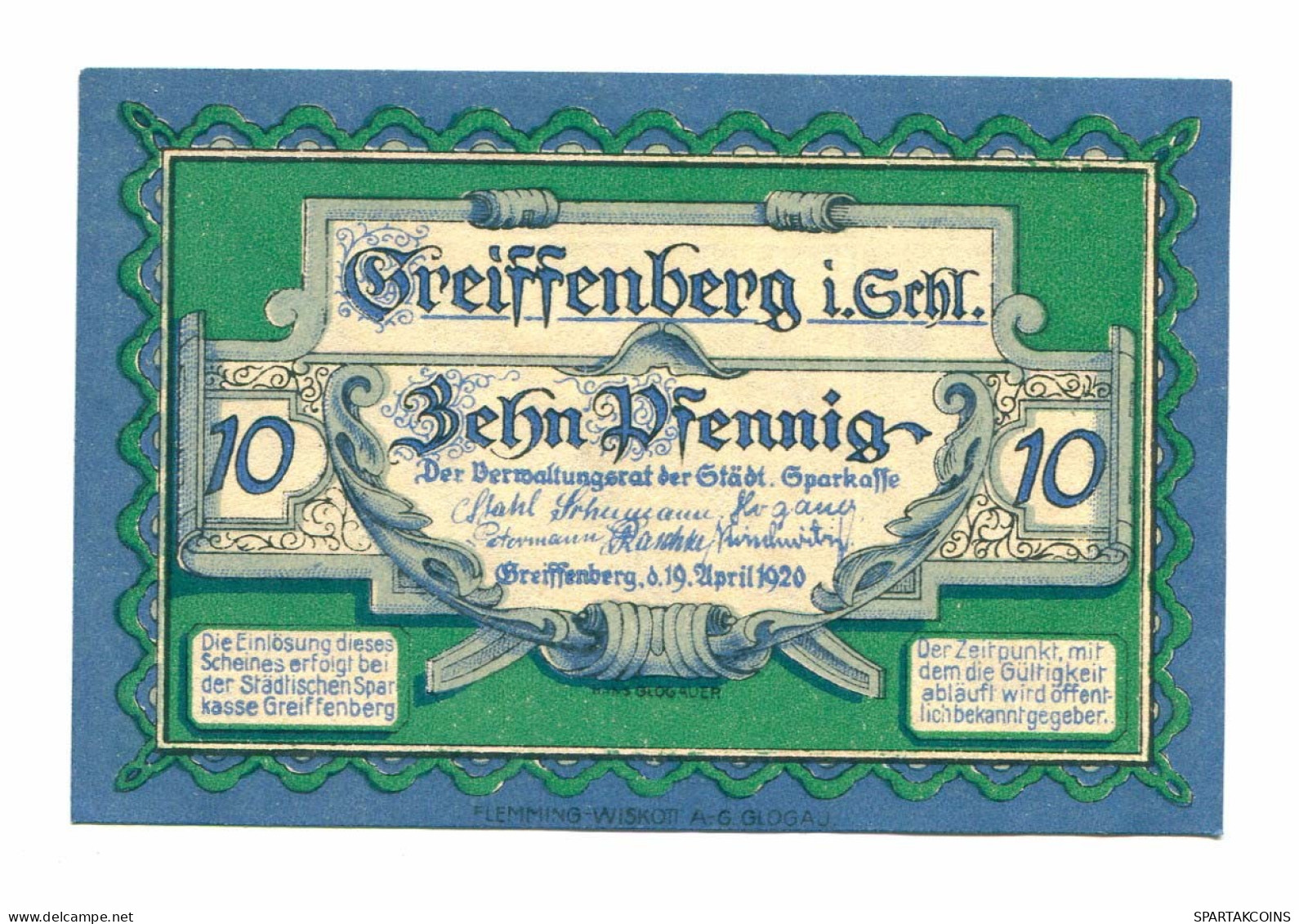 10 Pfennig 1920 GREIFFENBERG DEUTSCHLAND UNC Notgeld Papiergeld Banknote #P10652 - [11] Emissions Locales
