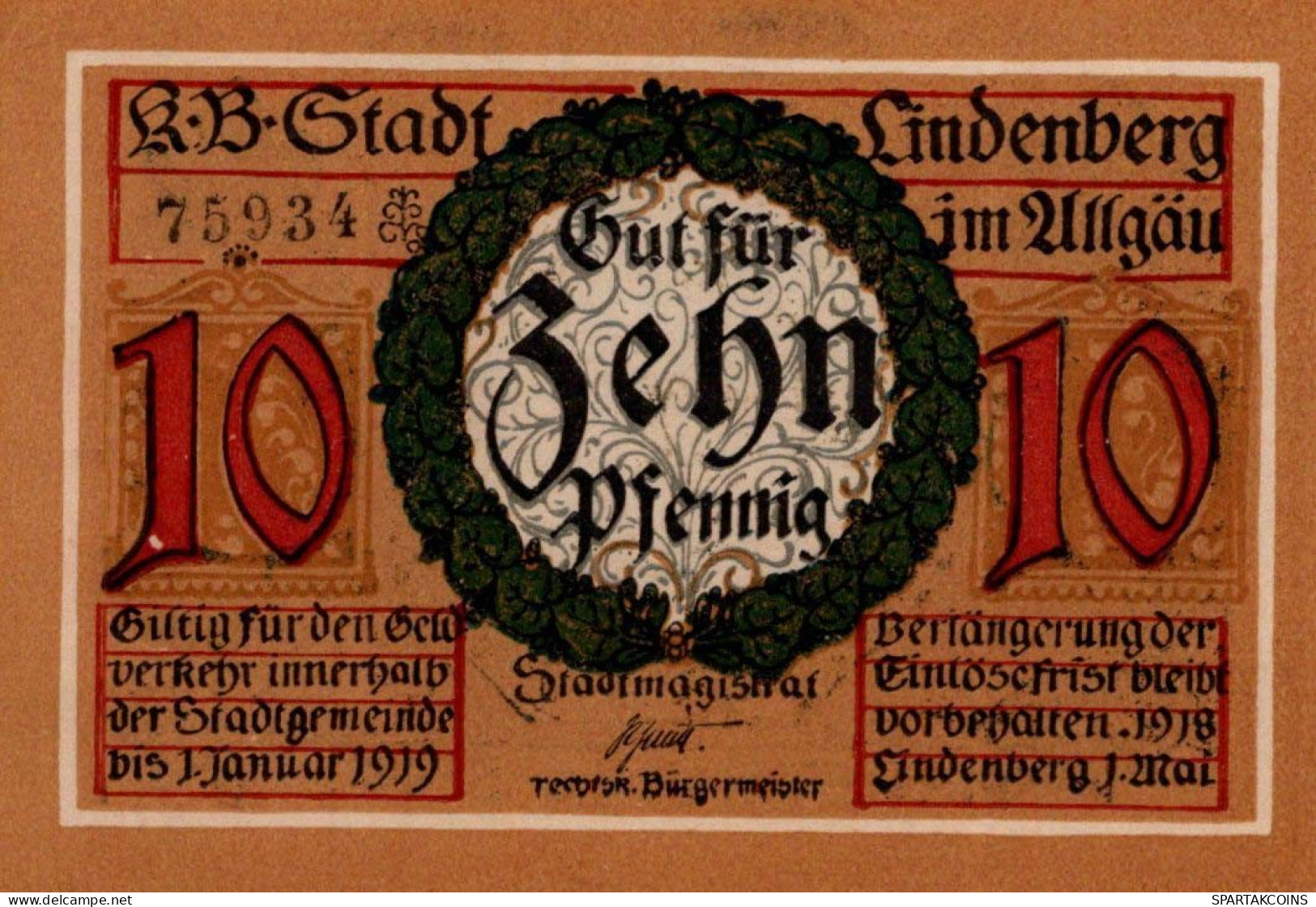 10 PFENNIG 1919 Stadt LINDENBERG IM ALLGÄU Bavaria UNC DEUTSCHLAND #PH244 - [11] Emissions Locales