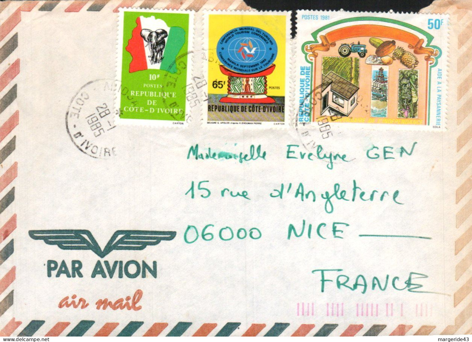 COTE D'IVOIRE AFFRANCHISSEMENT COMPOSE SUR LETTRE POUR LA FRANCE 1985 - Costa De Marfil (1960-...)