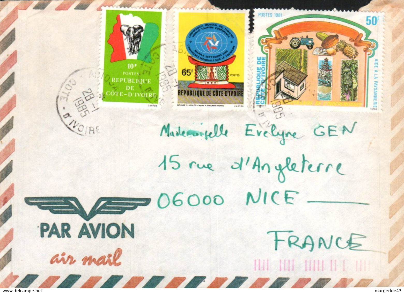 COTE D'IVOIRE AFFRANCHISSEMENT COMPOSE SUR LETTRE POUR LA FRANCE 1985 - Côte D'Ivoire (1960-...)